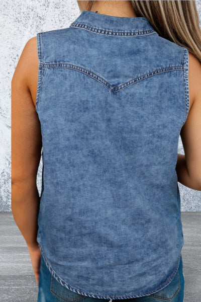 Dusk Blue Buttoned Front Collared Sleeveless Denim Vest