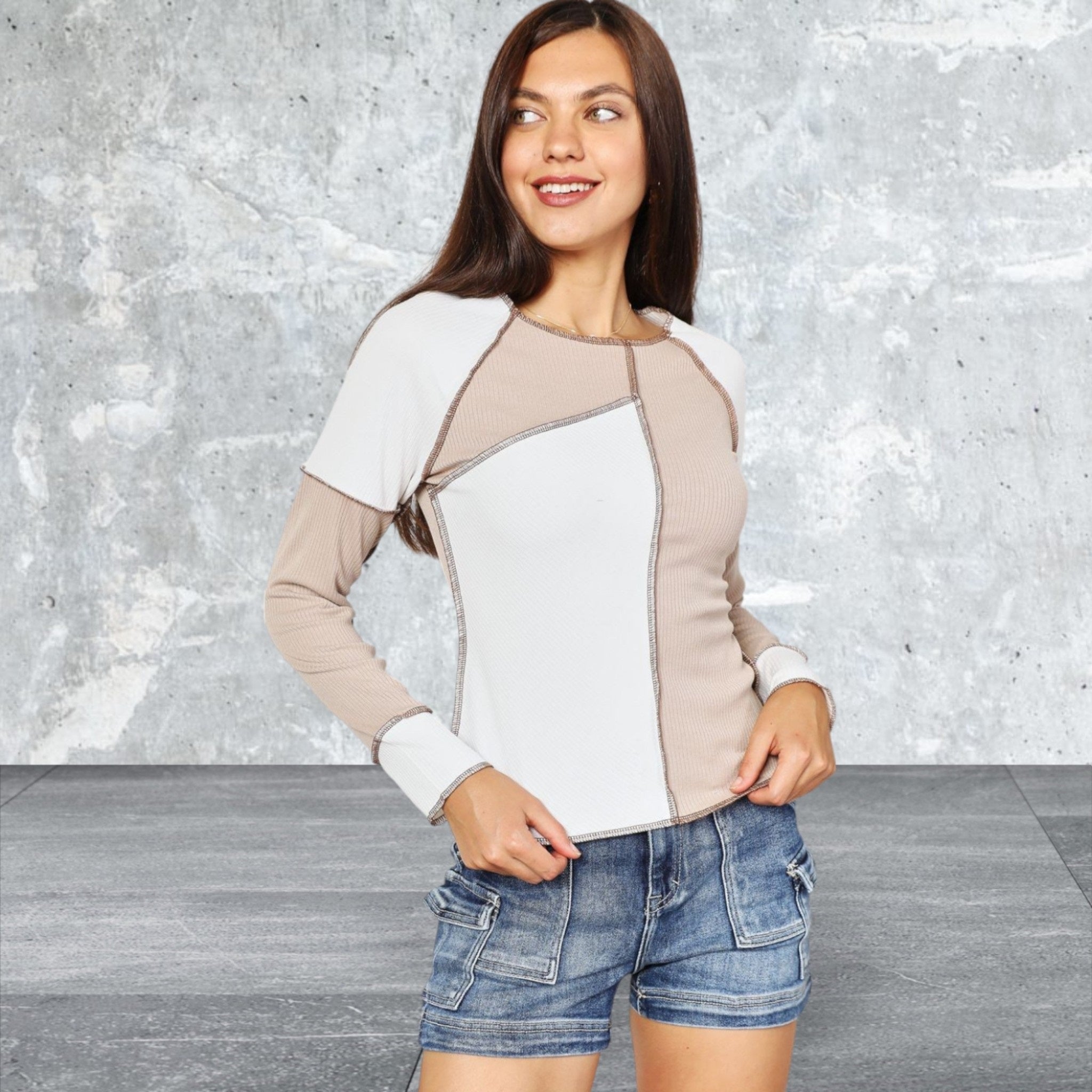 Women's Double Take Ribbed Design Long Sleeve Exposed Seam Top