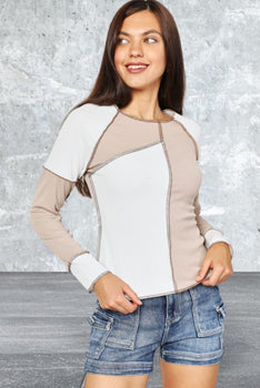 Women's Double Take Ribbed Design Long Sleeve Exposed Seam Top