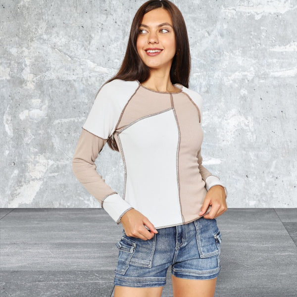 Women's Double Take Ribbed Design Long Sleeve Exposed Seam Top