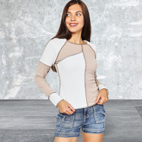 Women's Double Take Ribbed Design Long Sleeve Exposed Seam Top