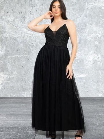 Women's Mesh Tulle Black Maxi Dress