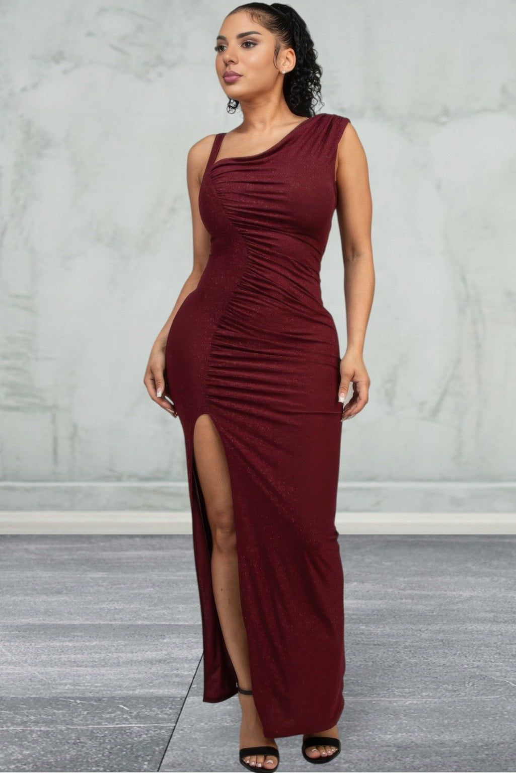Sleeveless Glitter Slit Evening Dress