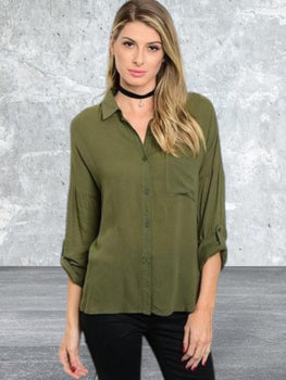 Juniors Olive Button Front Casual Western Blouse