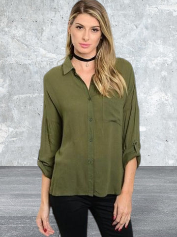Juniors Olive Button Front Casual Western Blouse
