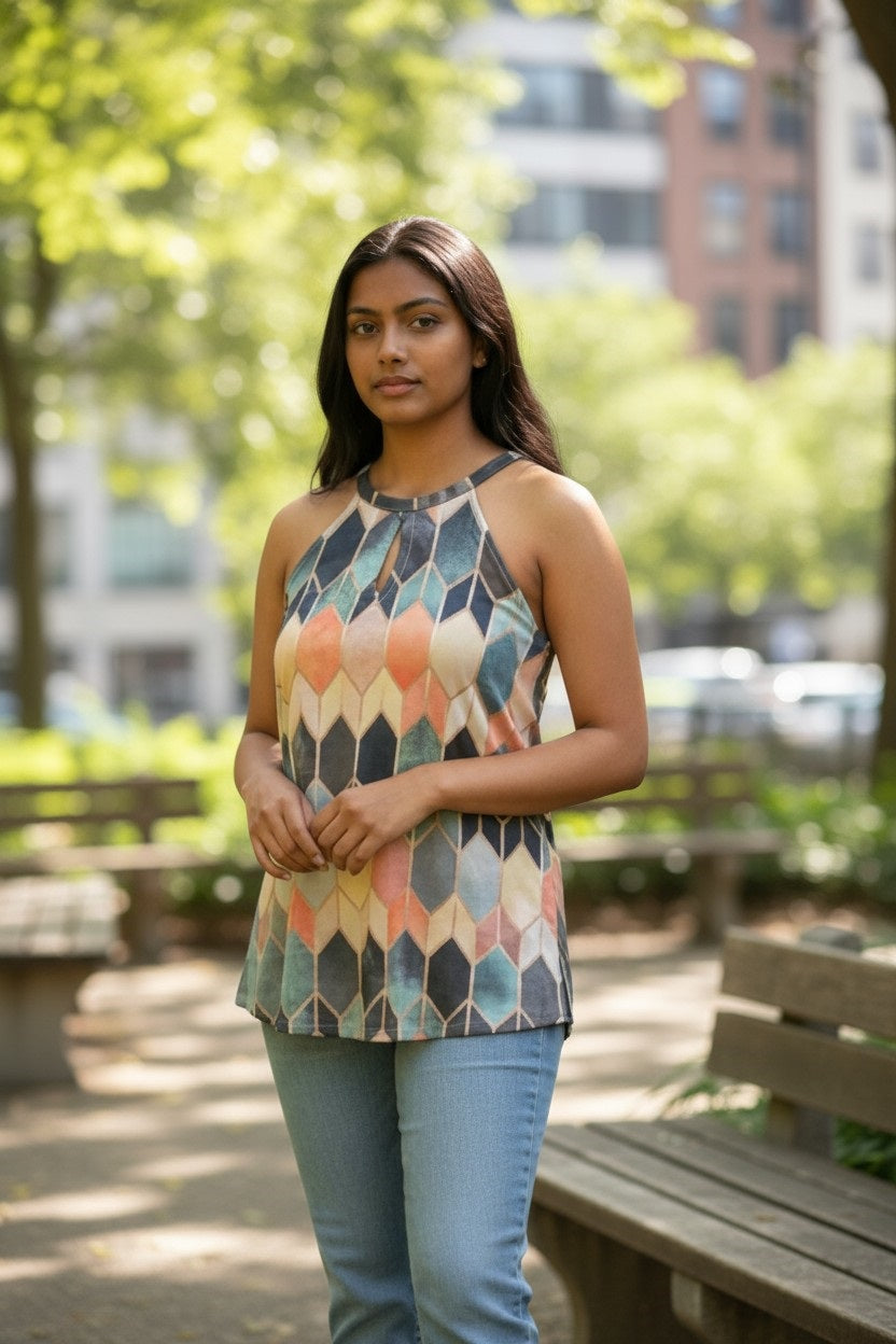 Plus Size Sleeveless Color Block Key Hole Top