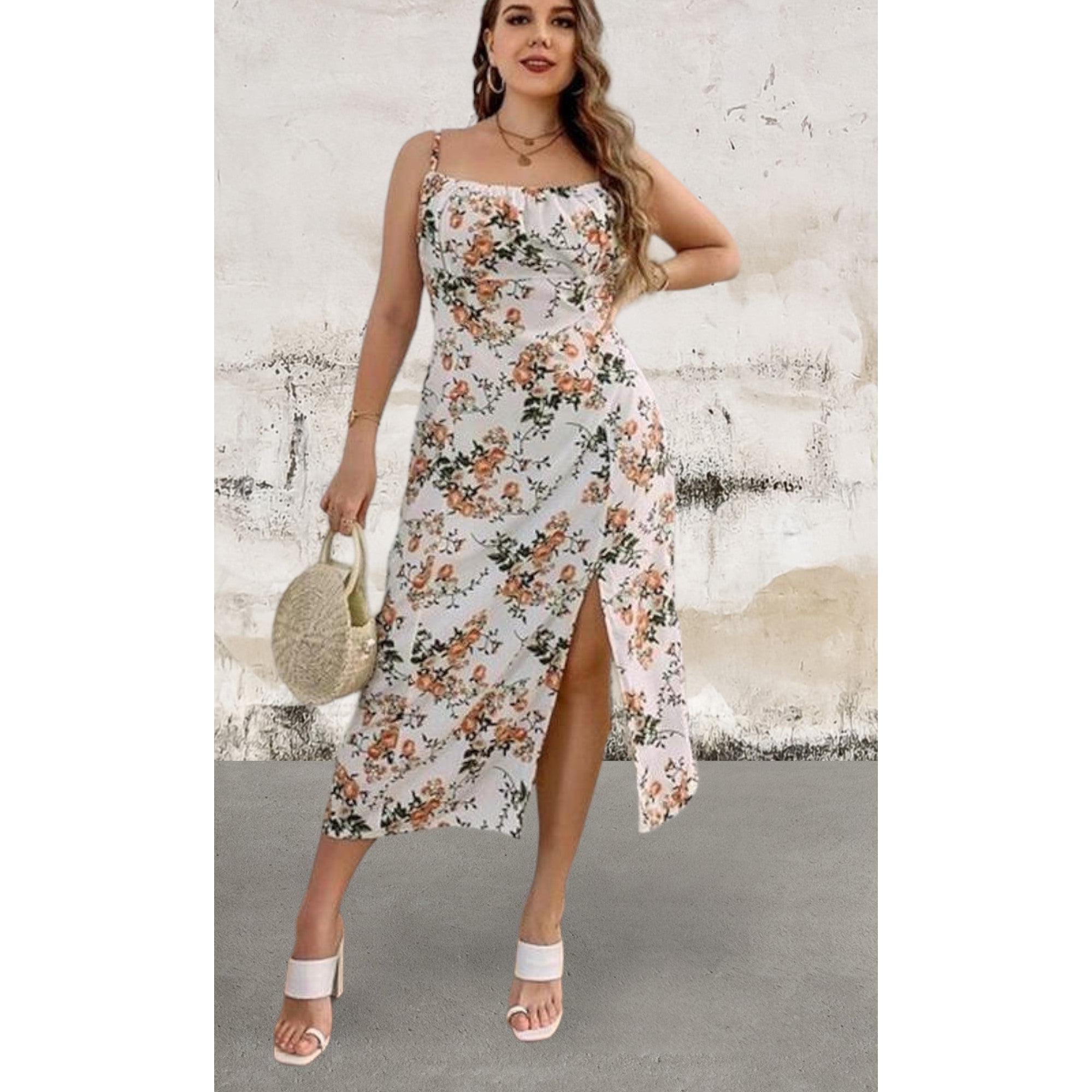 Plus size floral print side split cami dress