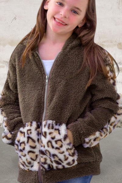Girls Leopard Print Faux Fleece Jacket