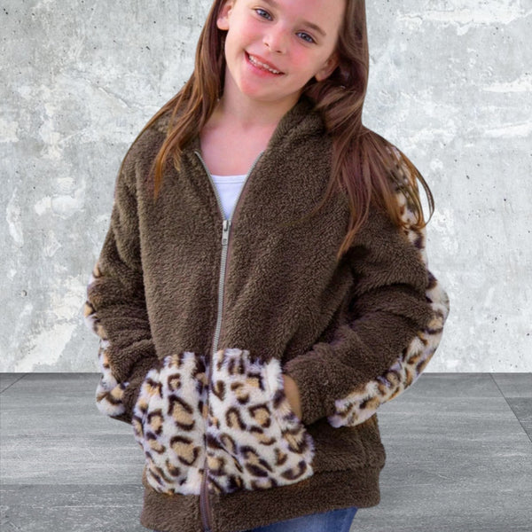 Girls Leopard Print Faux Fleece Jacket