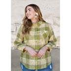 Plus size cotton linen blend textured plaid shirt top