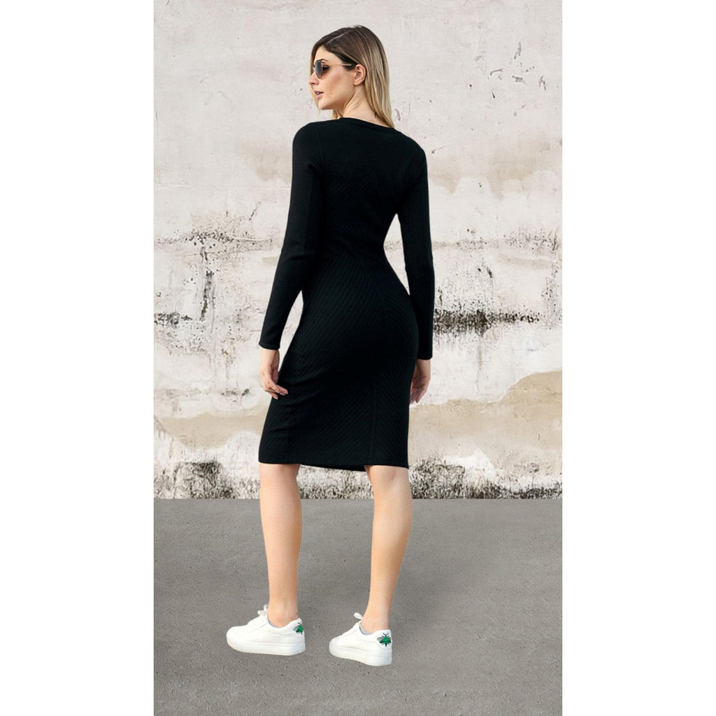 Long sleeve stretchy soft ribbed knit sweater dress