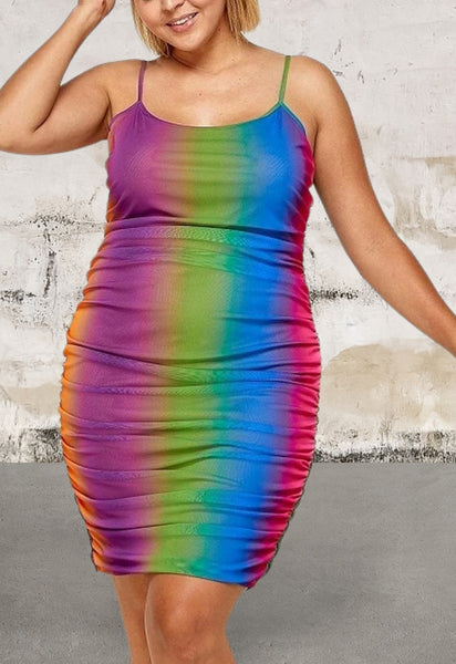 Plus size rainbow print spaghetti strap dress