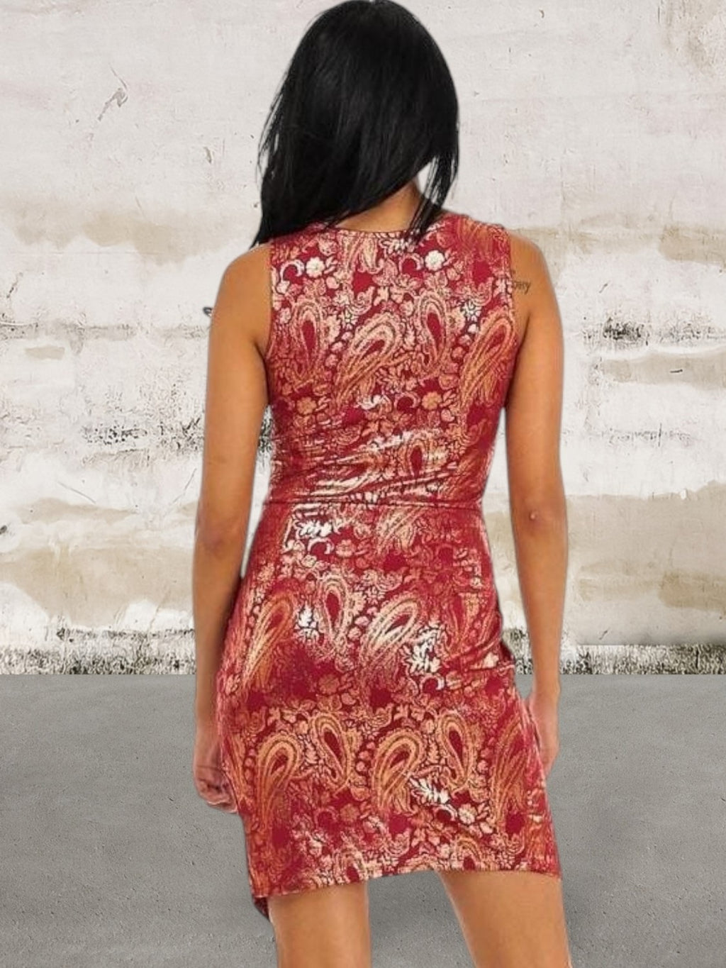 Sleeveless Round Neck Bodycon Red And Gold Print dress