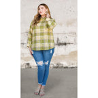 Plus size cotton linen blend textured plaid shirt top