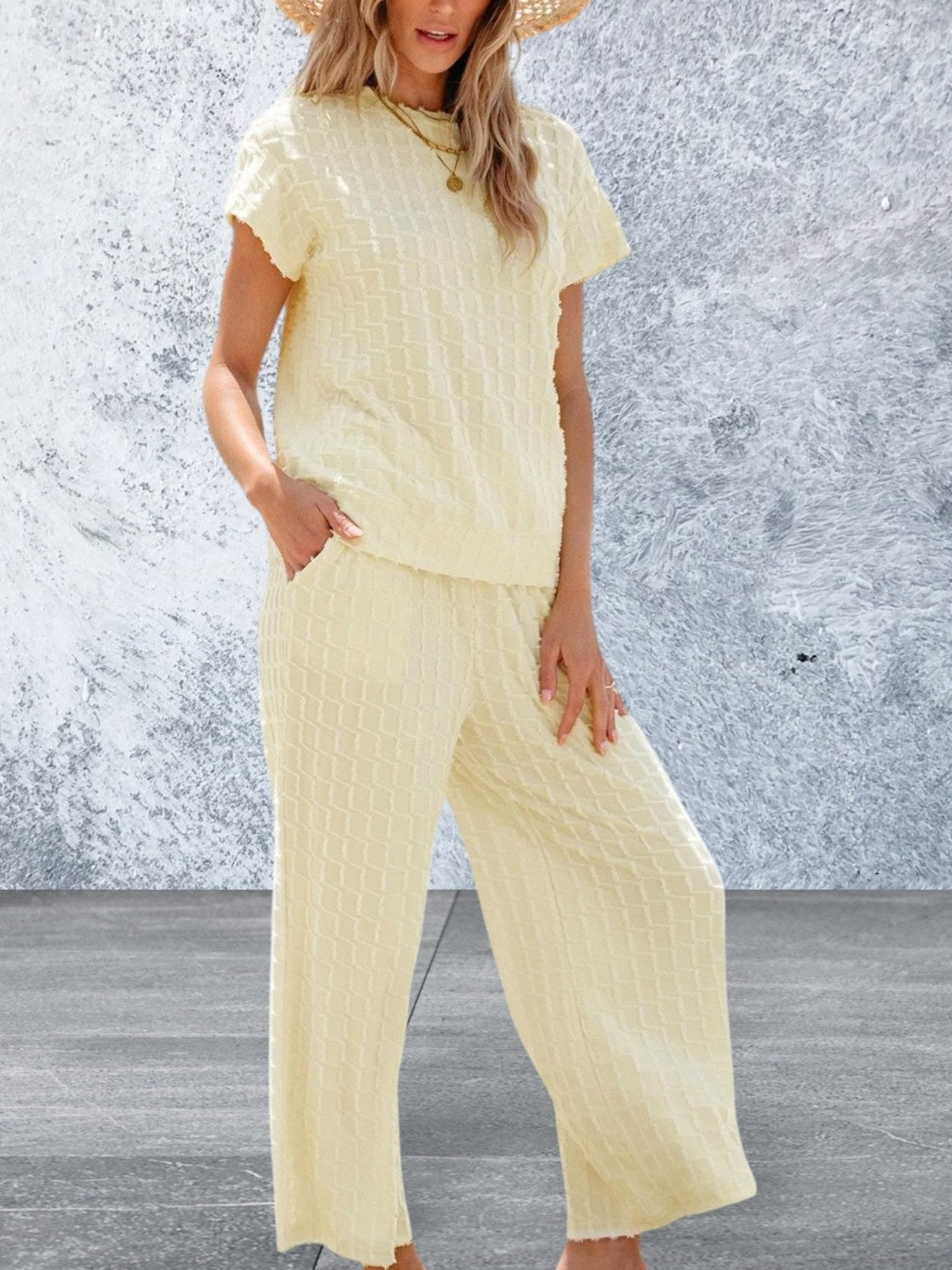 Short Sleeve Lattice Textured Casual Two Piece Set