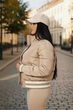 Women's Puffer Jacket Snap Button And Zipper Closure