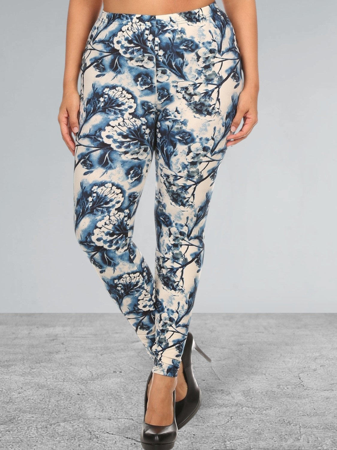 Plus Size High Waist Slim Fitting Floral Print Full Length Leggings