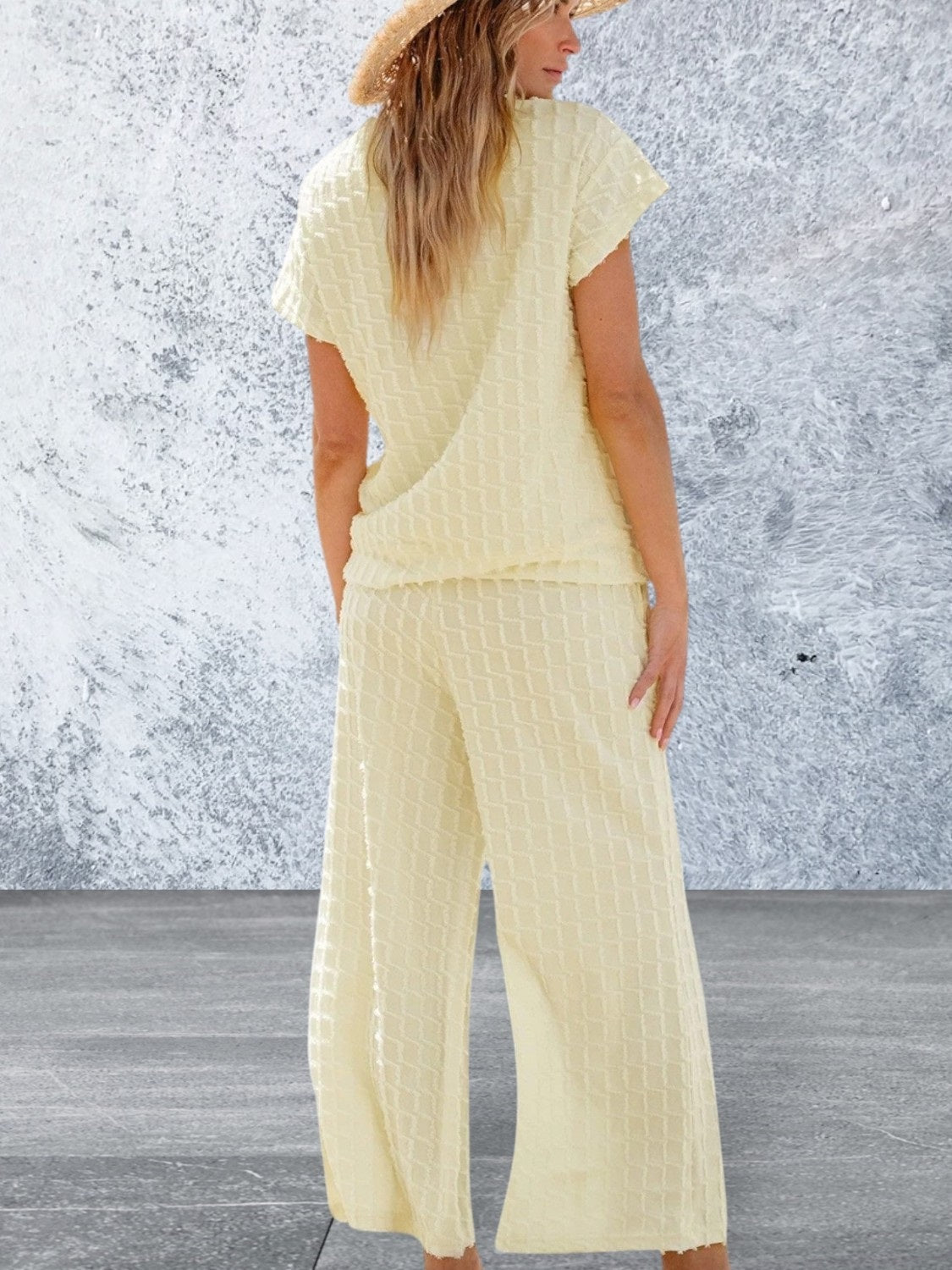 Short Sleeve Lattice Textured Casual Two Piece Set