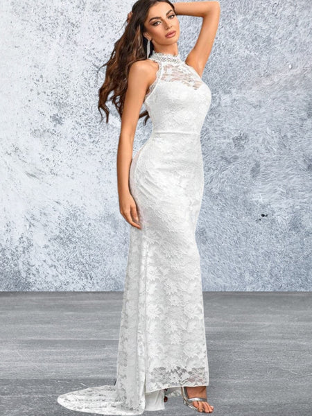 Women Sleeveless Open Back Wedding Dress