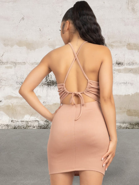 Halter Neck Ribbed Seamless Cut-out Dress
