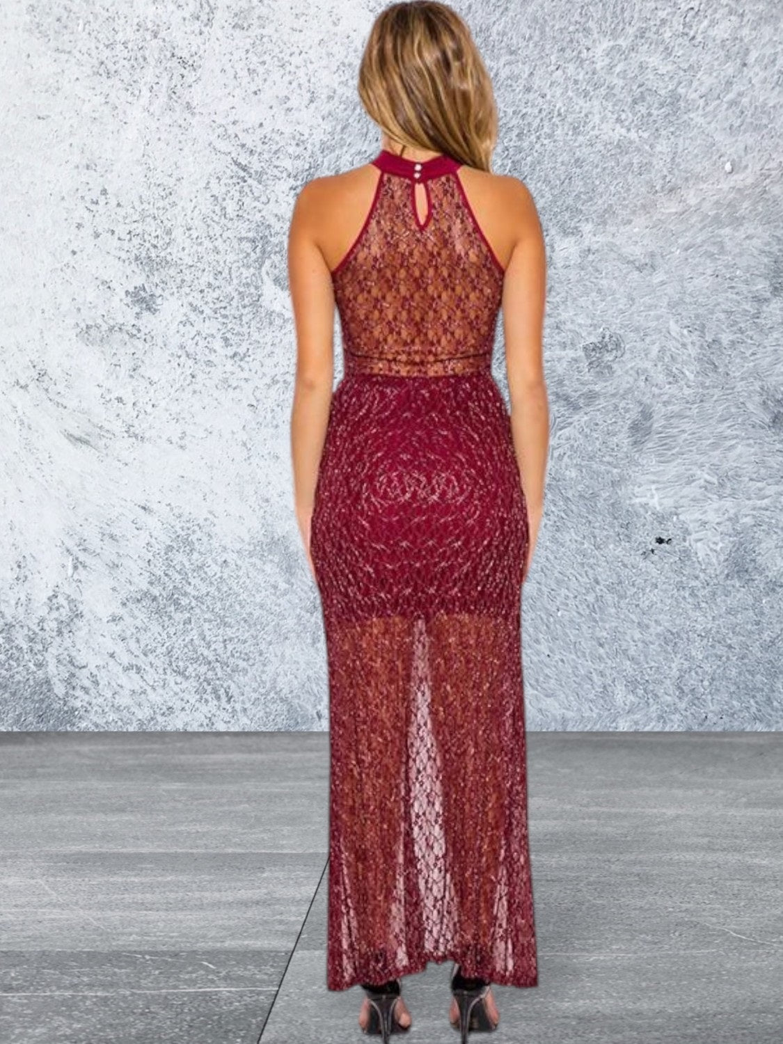 Sleeveless Burgundy Metallic Lace High Low Dress
