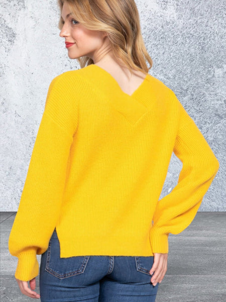 Vibrant Yellow Long Sleeve V-neck Sweater