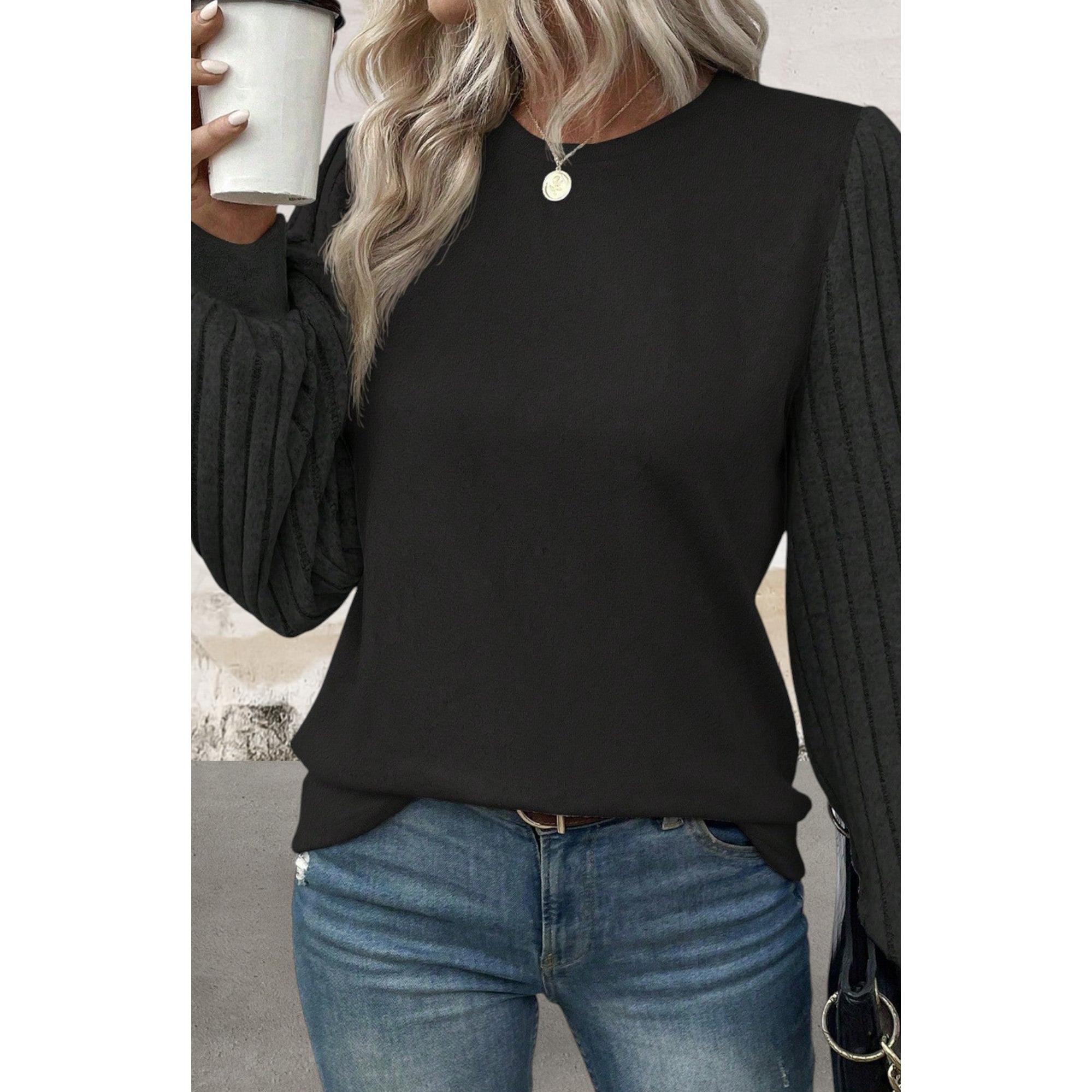 Round Neck knit Bishop Sleeve Stretchy Sweater Top