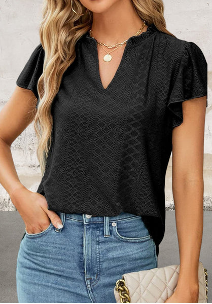 Short Sleeve V Neck Flutter Blaxk Top