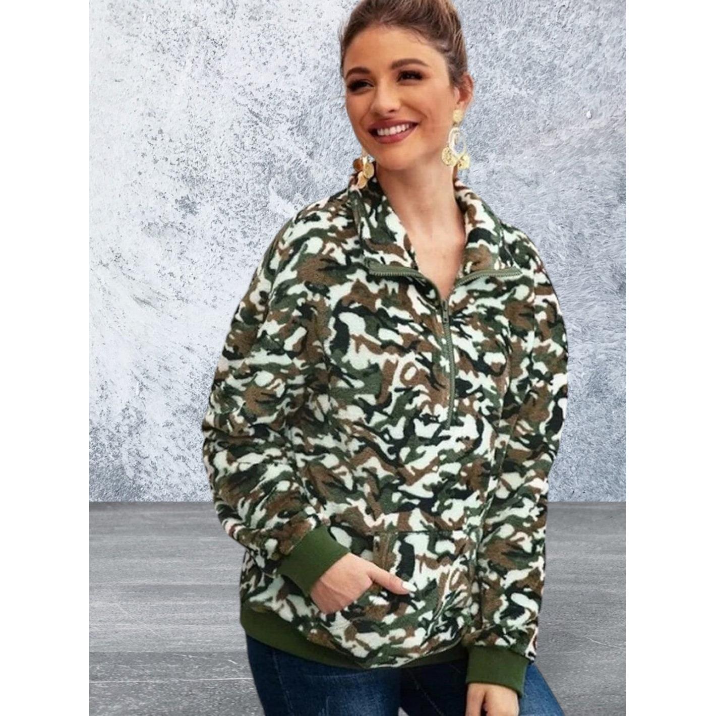 Long sleeve camo kangaroo pocket sweatshirt