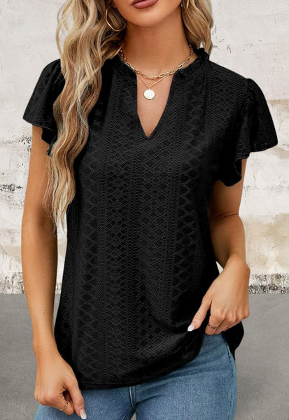 Short Sleeve V Neck Flutter Blaxk Top