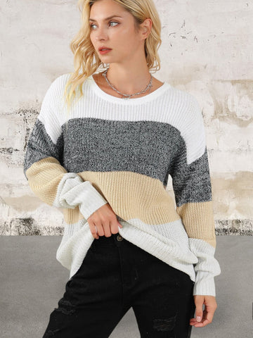 Round Neck Trendy Color Block Drop Shoulder Knit Sweater