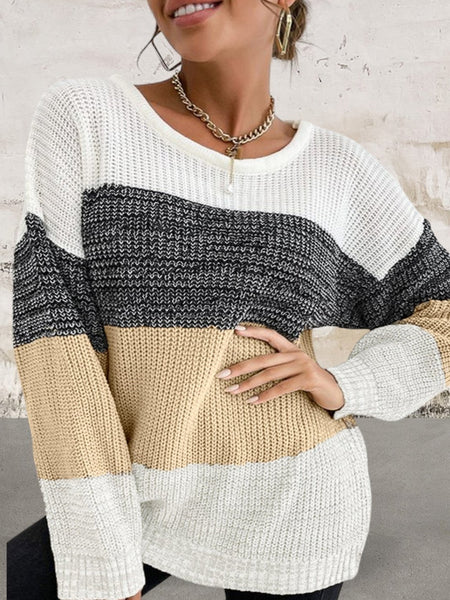 Round Neck Trendy Color Block Drop Shoulder Knit Sweater