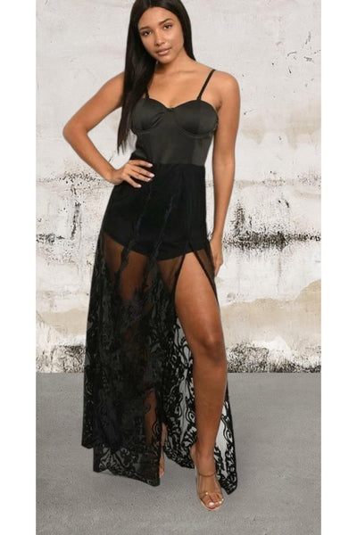 Sleeveless lace overlay romper maxi dress