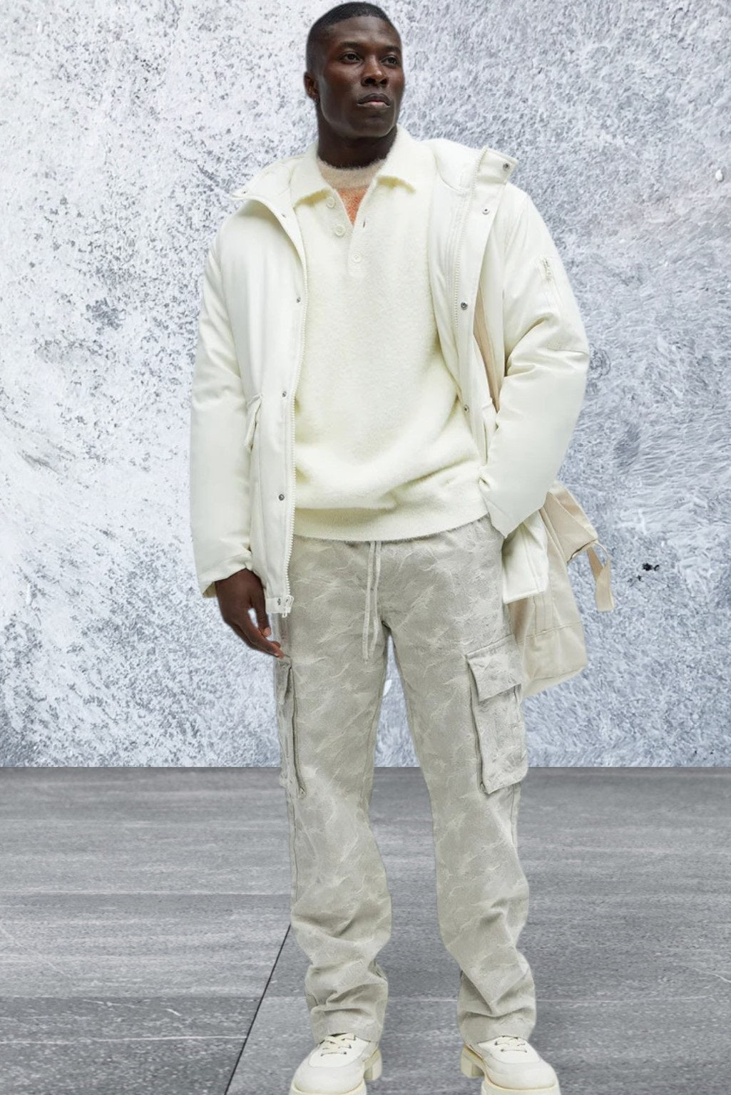 Men's Thick Padded Hooded Off White Coat