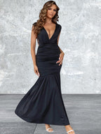 Women's Ruched Plunge Sleeveless Maxi Dress