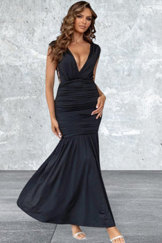Women's Ruched Plunge Sleeveless Maxi Dress