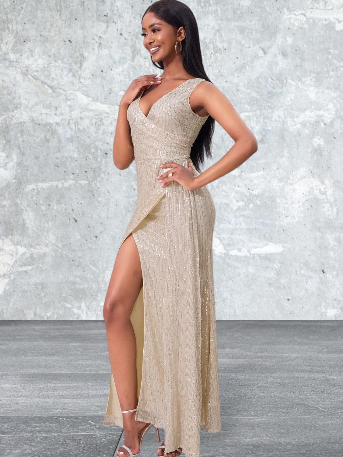 Sleeveless Slit Sequin Surplice Evening Dress