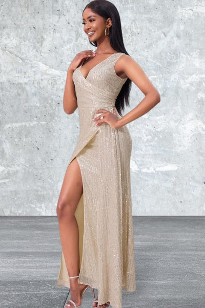 Sleeveless Slit Sequin Surplice Evening Dress