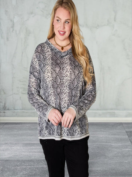 Long Sleeve Snakeskin V-Neck Top