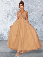 Sleeveless Sequin V Neck Evening Dress