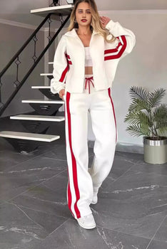 Women Striped Zip Up Outerwear And Pants Set