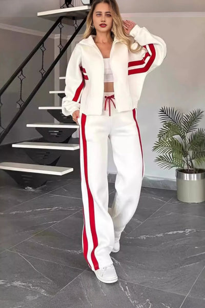 Women Striped Zip Up Outerwear And Pants Set
