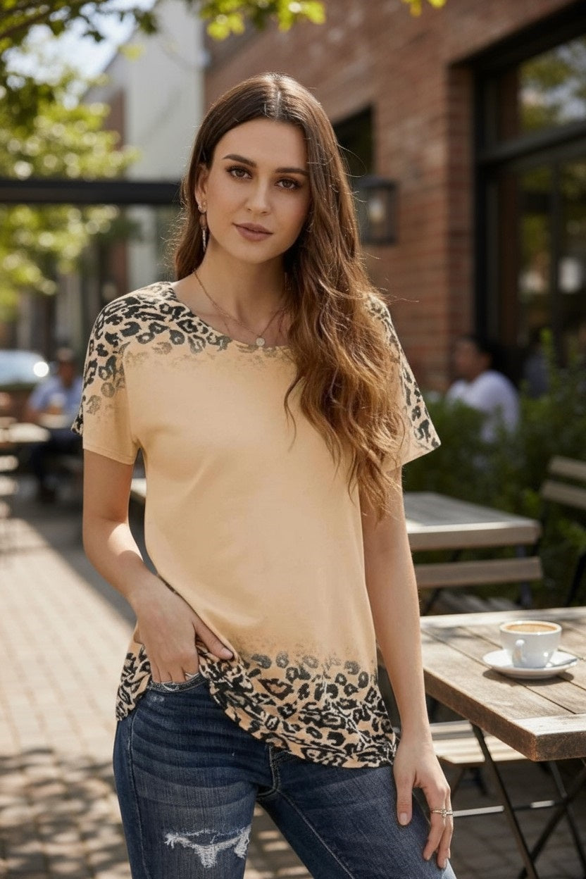 Khaki short sleeve loose leopard top