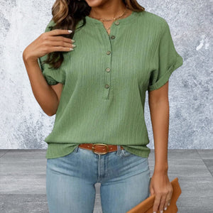 Short Sleeve Button Round Neck Top