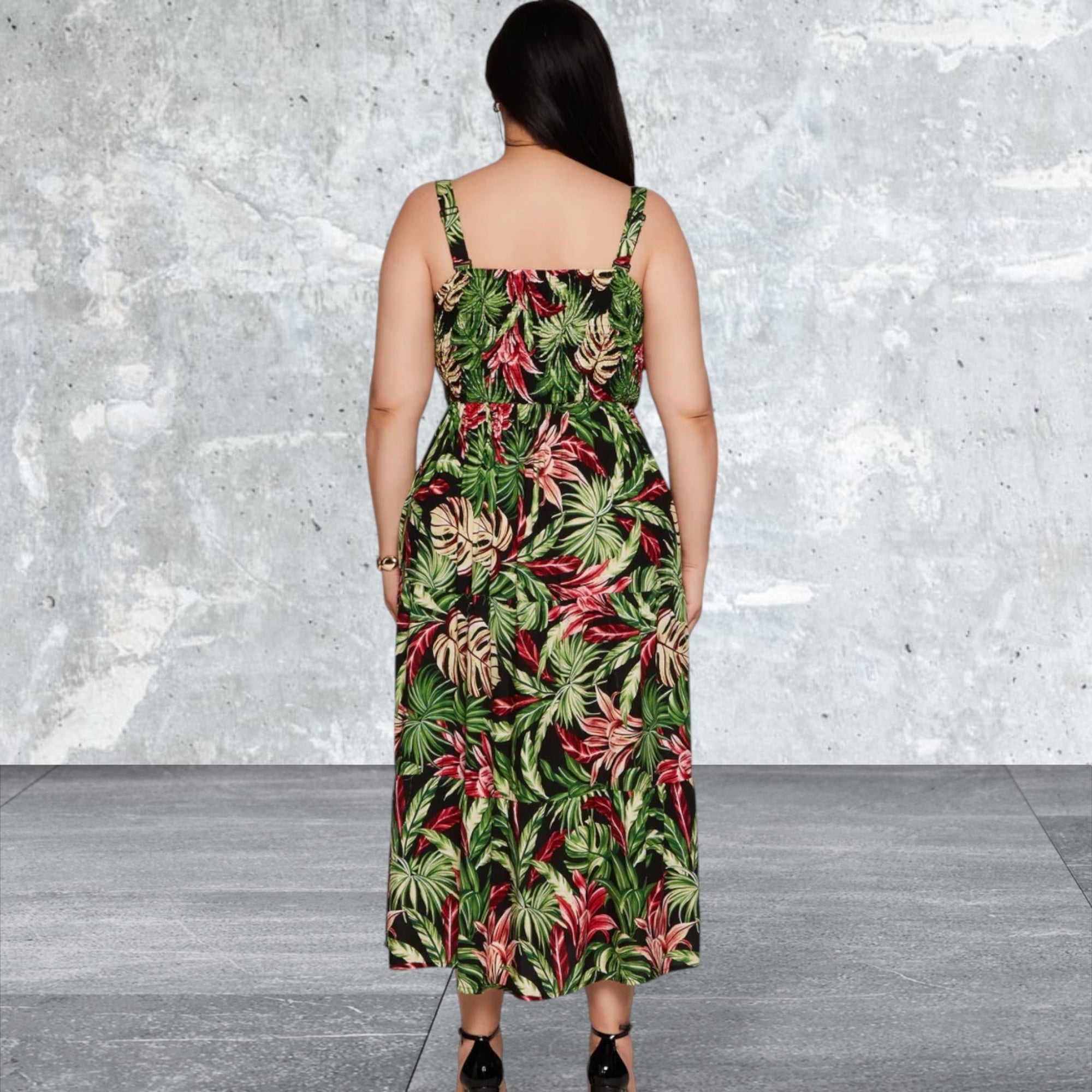 Plus Size Sleeveless Leaf Print Dress