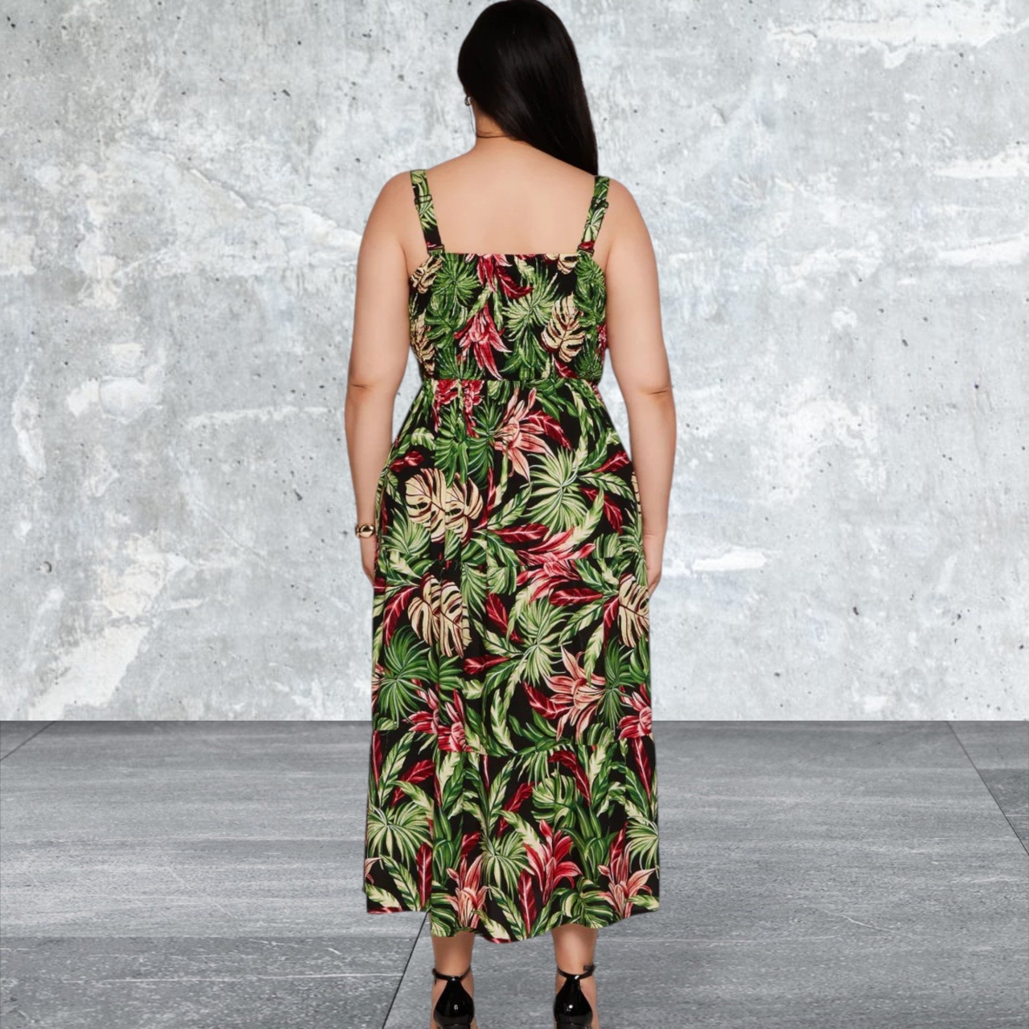 Plus Size Sleeveless Leaf Print Dress