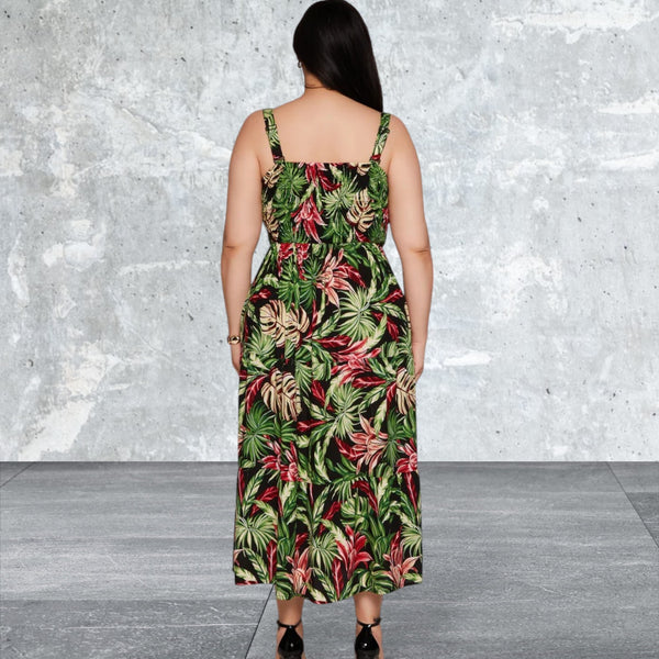 Plus Size Sleeveless Leaf Print Dress