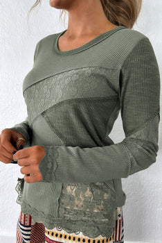 Long Sleeve Waffle Ribbed Lace Top