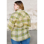 Plus size cotton linen blend textured plaid shirt top