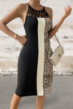 Sleeveless Leopard Print Cutout Knee Length Dress